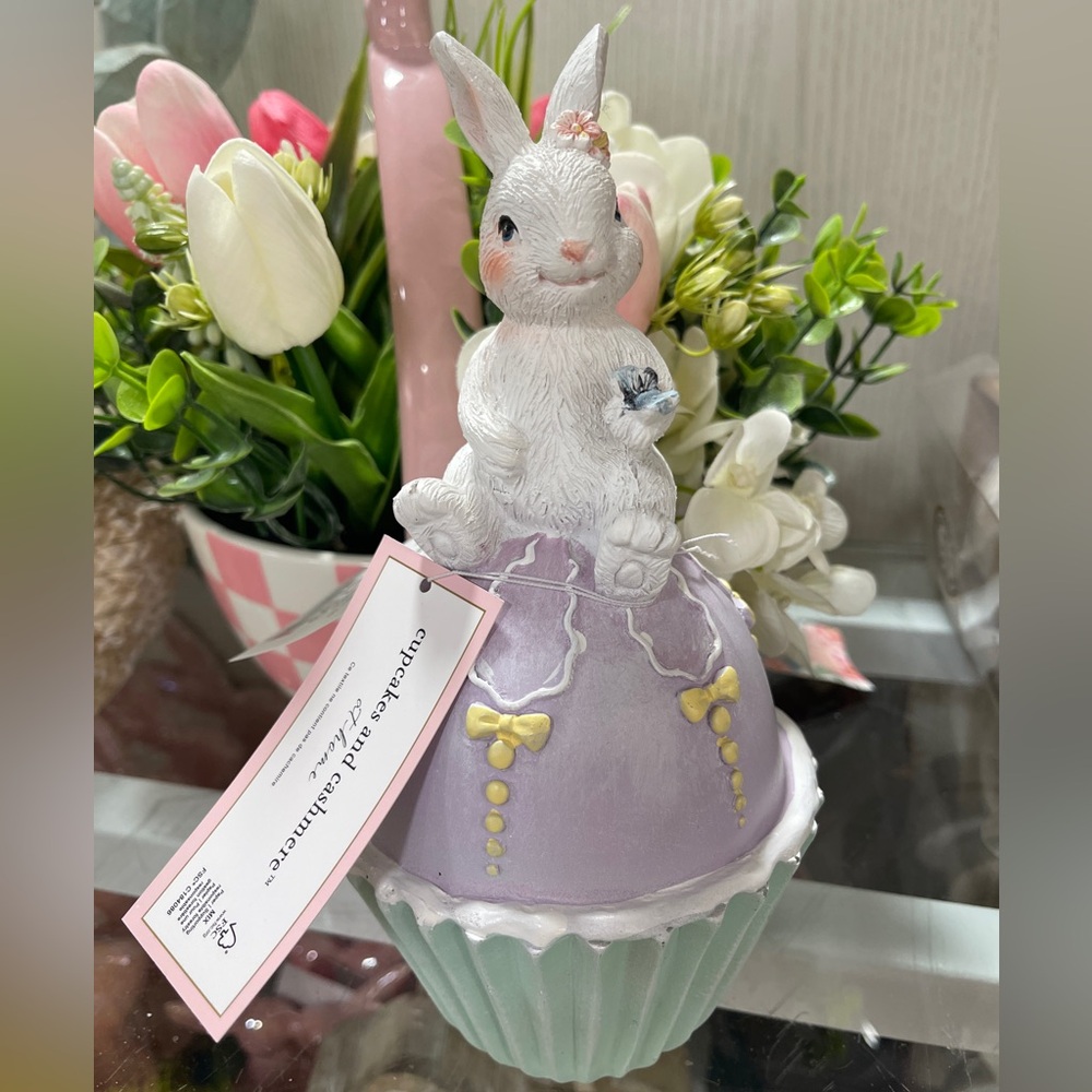 Easter Bunny on Purple Cupcake w/ Butterfly Decorative Resin Tabletop Decor NWT